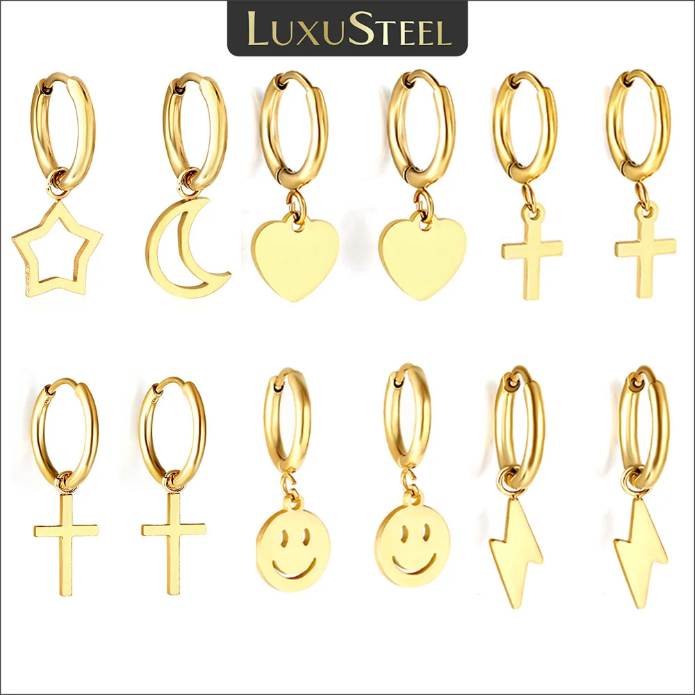 LUXUSTEEL Simple Geometric Charm Hanging Hoop Earrings Women Men Stainless Steel Huggies with Heart Star Moon Cross Pendientes