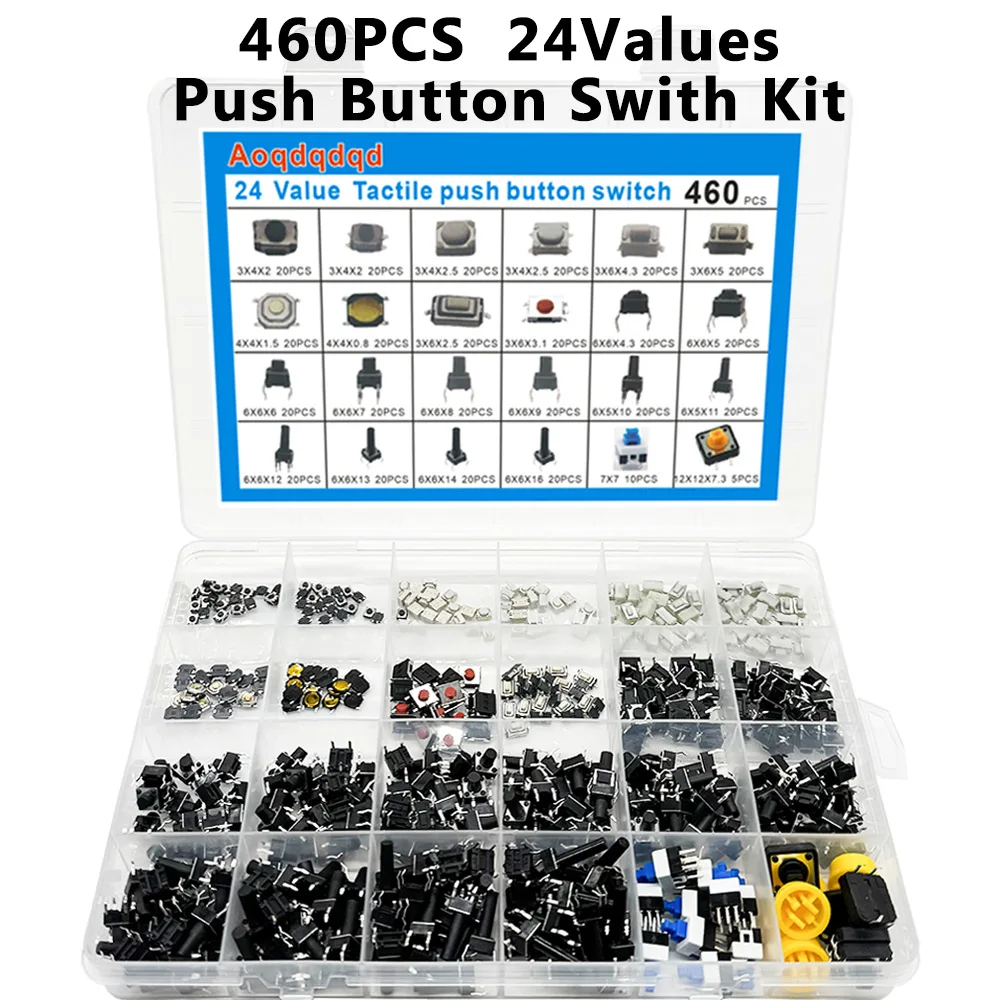 460pcs 24 Values Tactile Push Button Switch SMD Micro Momentary Tact Switch Assortment Kit for Car Remote Control with Box
