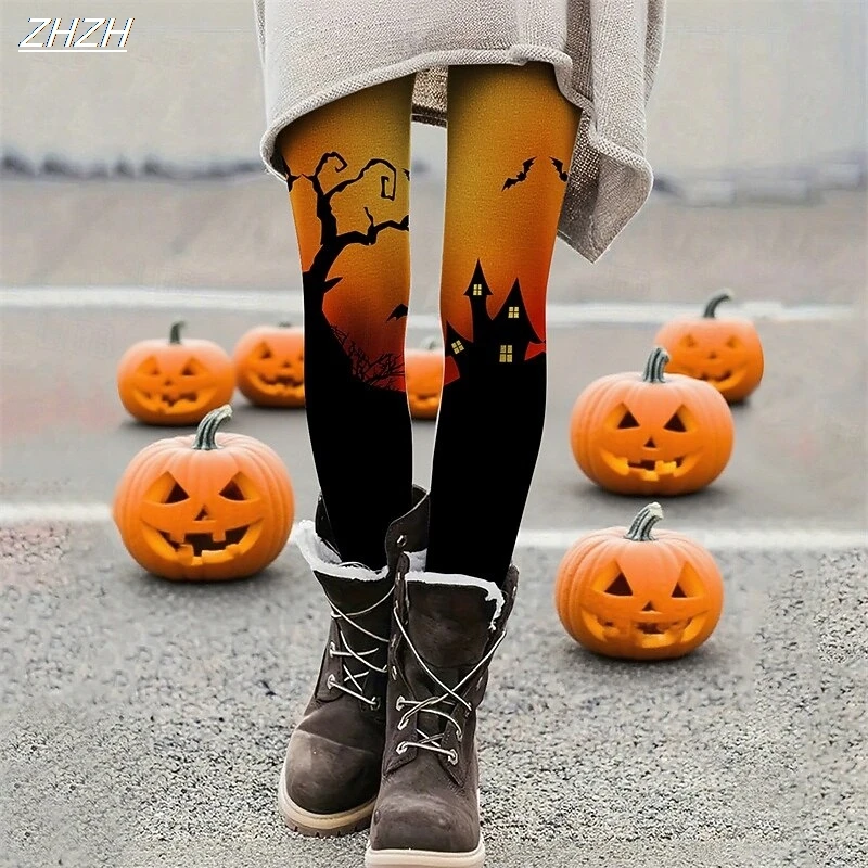 Women's Leggings Halloween Theme Printed Outdoor Pants Polyester Spandex Stretch Elastic Waist,Control Fall Winter Streetwear