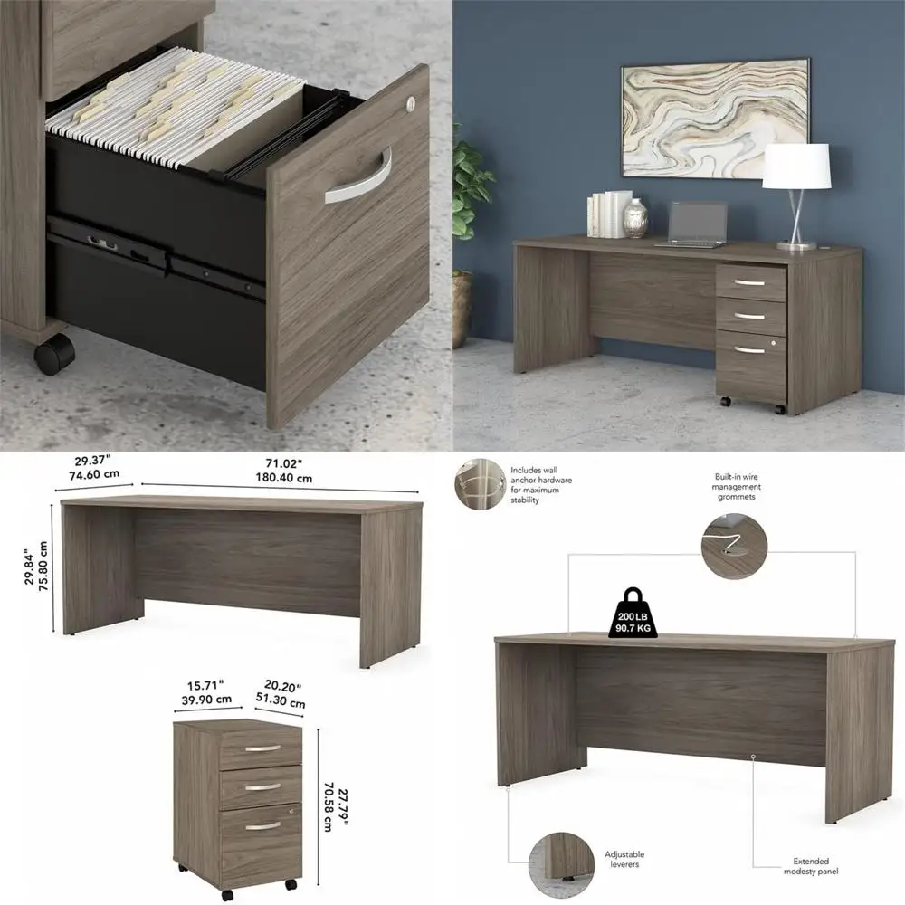

Elegant Hickory Wood Office Desk with Mobile File Cabinet, 72W x 30D