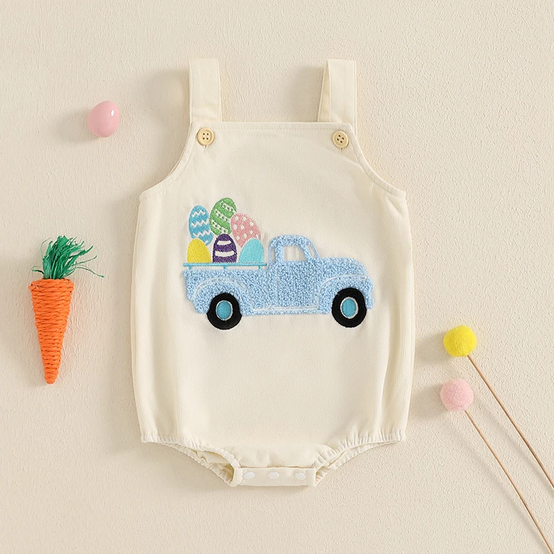 Baby Easter Romper Sleeveless Square Neck Chick/Truck Embroidery Bodysuit Spring Newborn Overalls Toddler Infant Jumpsuit