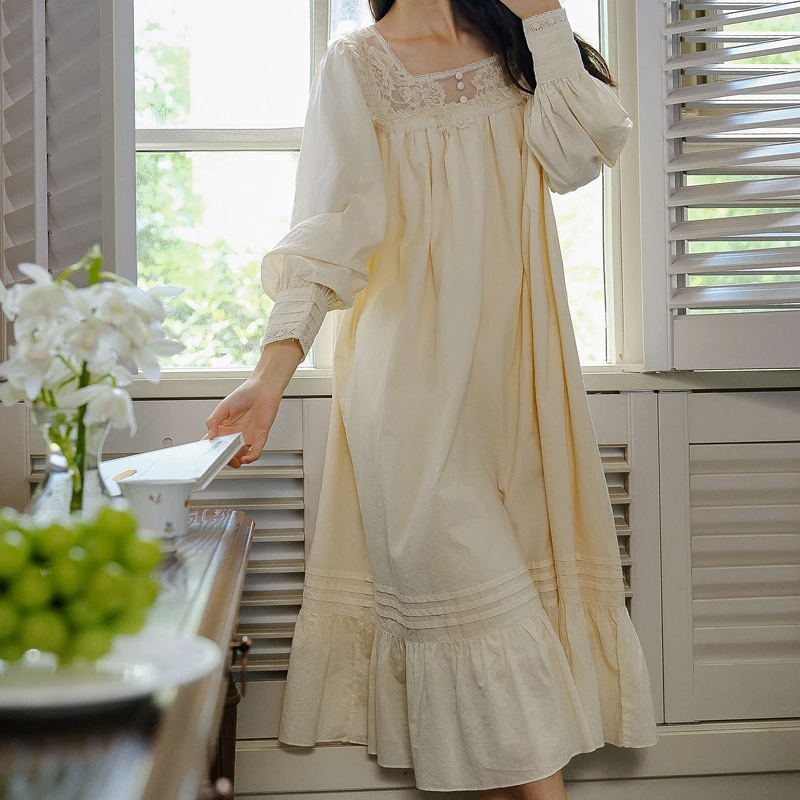 

Pure Cotton Vintage Nightgown Women Spring Autumn Long Sleeve Sexy Lace Square Neck Nighty Victorian Night Dress Loose Sleepwear