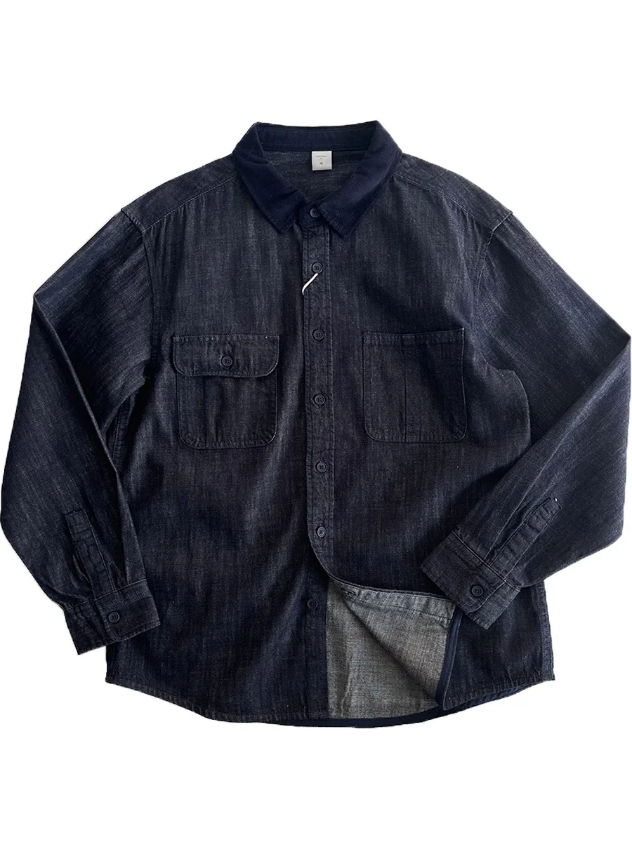 

Heavy Industry Indigo Japanese Sle Retro Patchwork Collar Long Sve Jeans irt Spring Autumn Loose Workwear irt Coat Men