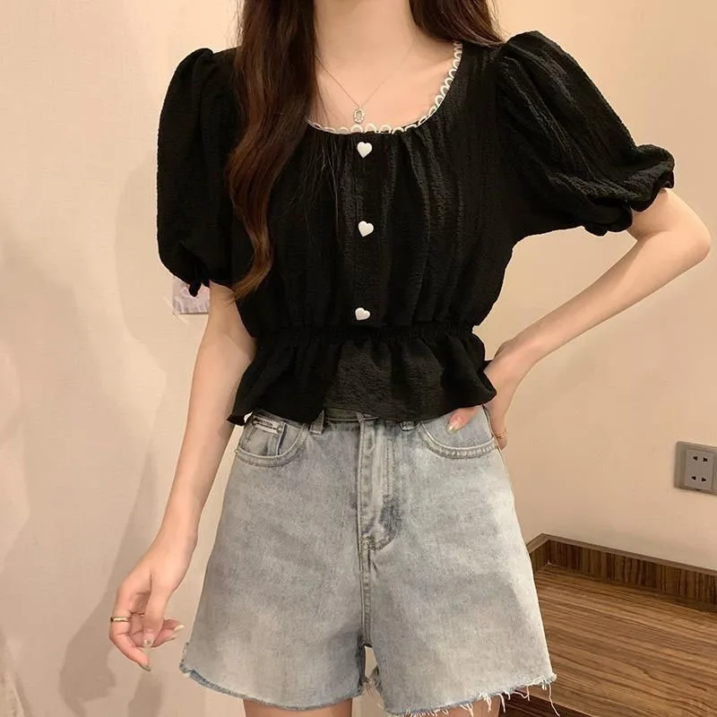 Xpqbb Summer Puff Sleeve Chiffon Shirt Women Sweet Cute Ruffles Waist-Tight Crop Tops Female Casual All-match White T-shirts