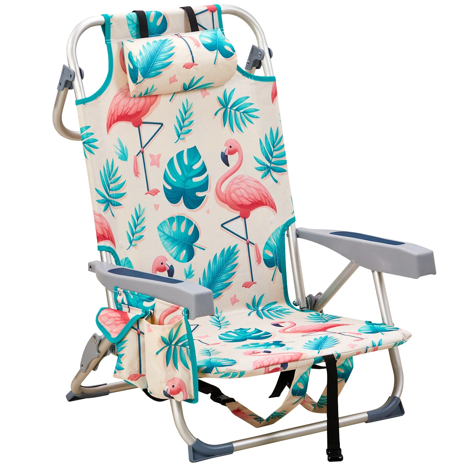 

63*65*82cm Short Oxford Cloth Silver White Aluminum Tube Bearing 100kg Beach Chair Flamingo