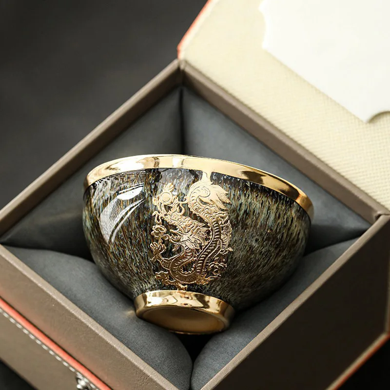 Jianzhan Tenmoku Tea Cup Gold Inlaid Jade Zodiac Master Cup Ceramic Kung Fu Tea Bowl Personal Single Cup for Tea Lovers Gift