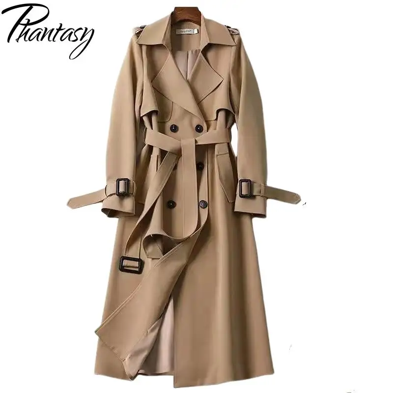 Phantasy Women Trench Long Sleeved Thin Coat British Style Long Jacket Lace Up Elegant Office Lady Trench Spring Autumn Outfit