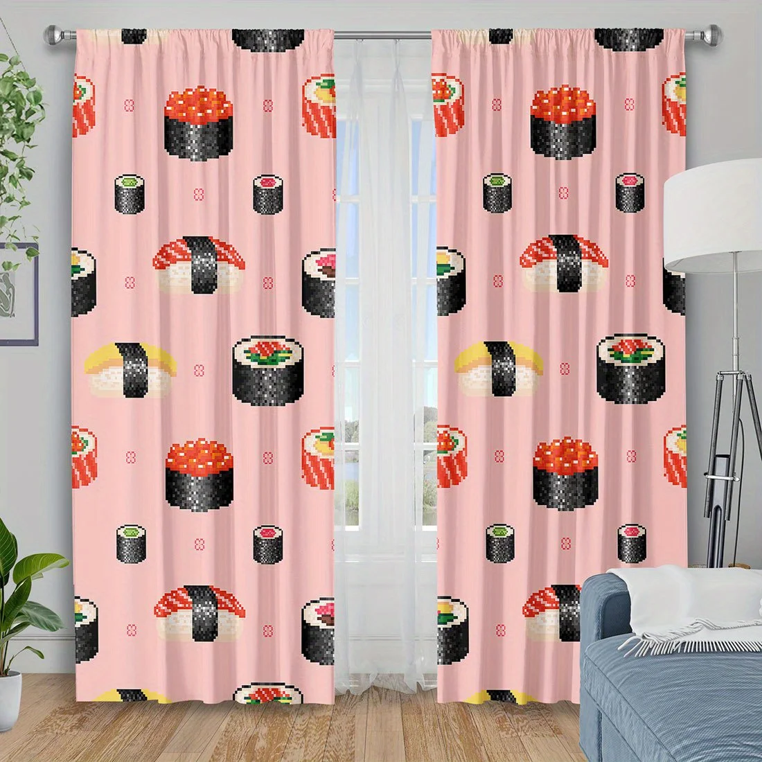 Cute Sushi Pattern Curtains Window Drapes Set for Living Room Japanese Home Decor Novelty Bento Box Food Print Curtains Panel