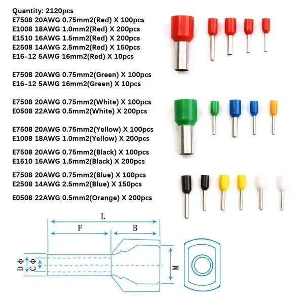 400/1200/2120PCS Insulated Cord End Terminal Block Wire Ferrules Cold Pressing Pin Connector Pure Copper Tube Type Terminal Set