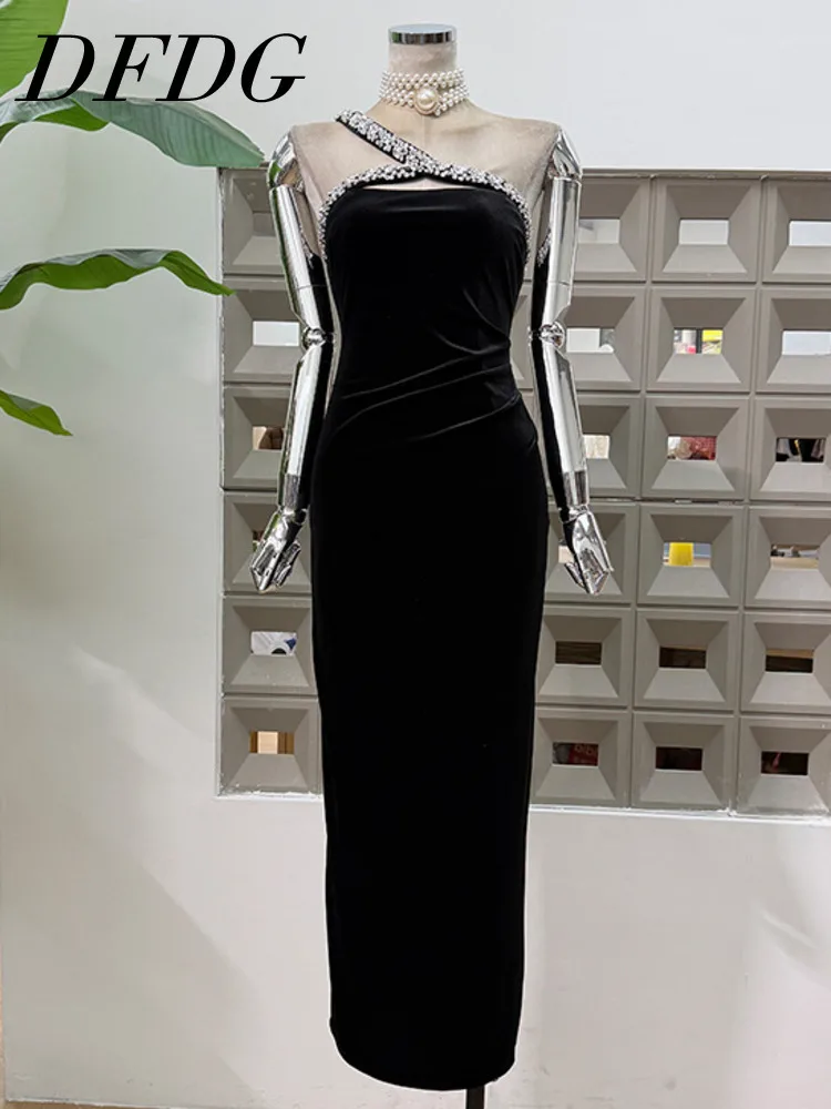 DFDG Women’s One Shoulder Strapless Velvet Dress Sexy Elegant Slimming Bodycon Evening 2025 Spring Summer Holiday Party dress