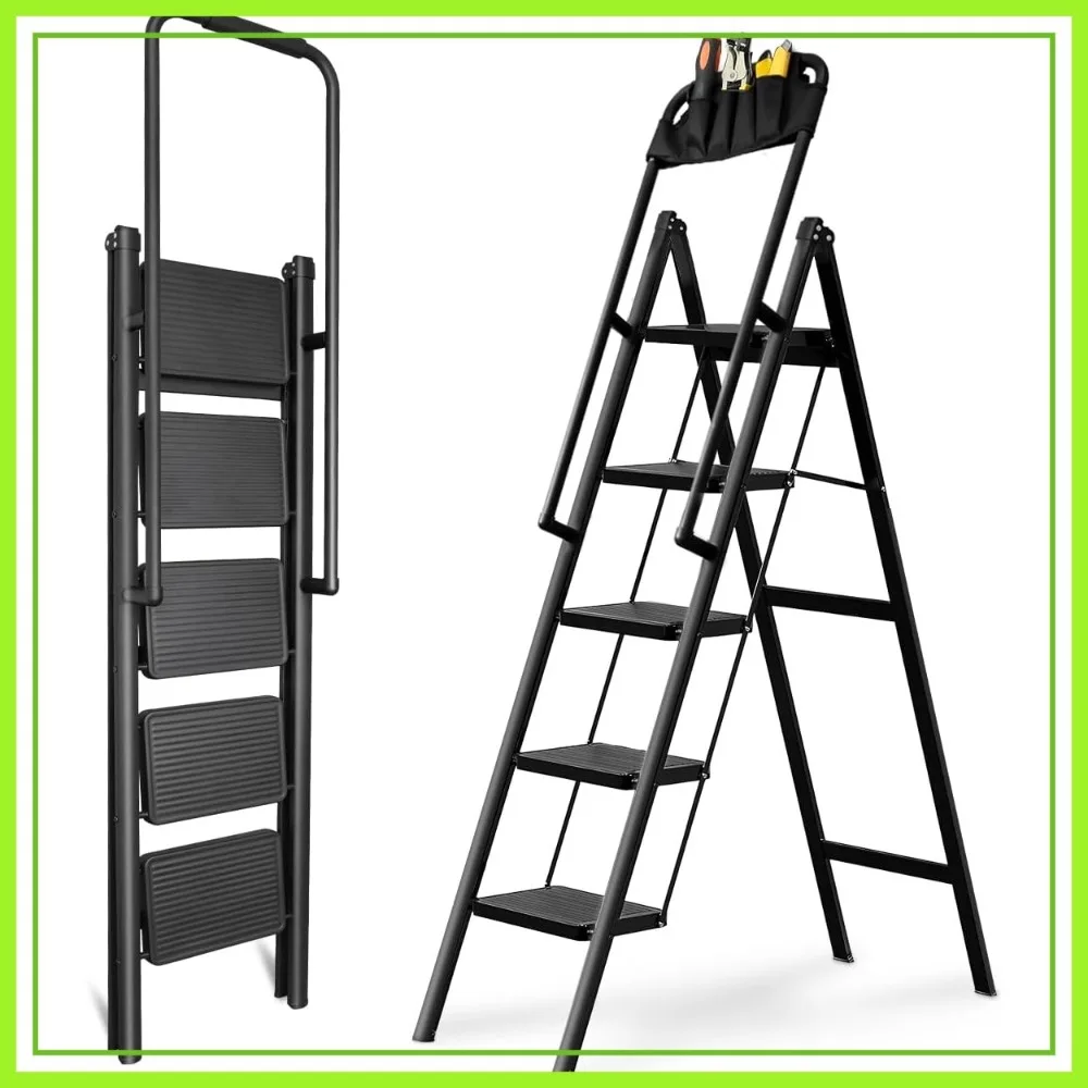 

5-Step Folding Ladder with Handrails, Heavy Duty 330Lbs Capacity, Anti-Slip Step Ladder for Adults, Easy Store Space-Saving