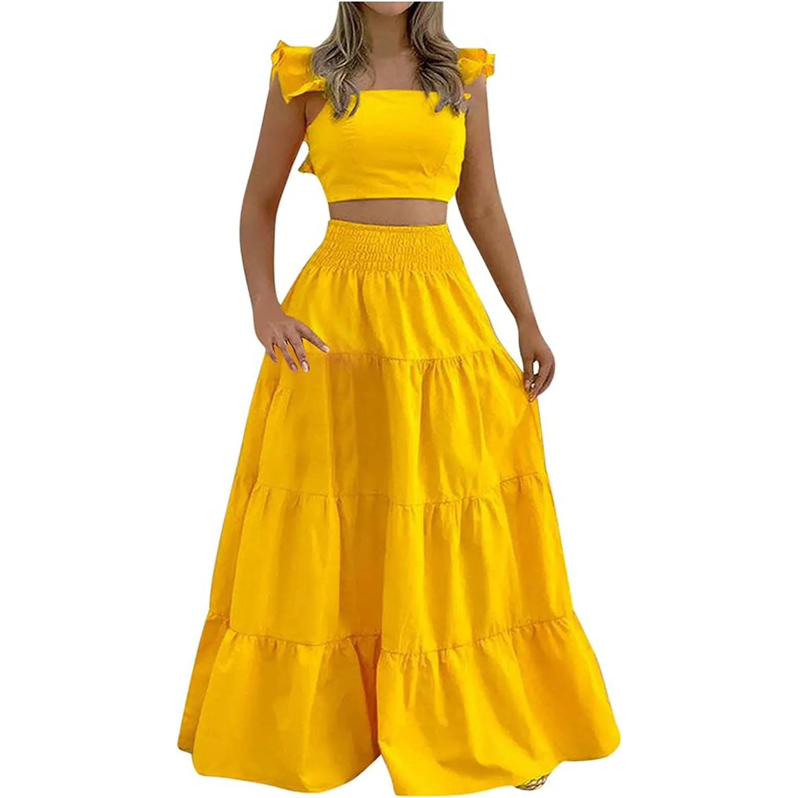 Women's Casual Long Skirt Set Solid Color -Waist Trendy Sexy Sling Swing Skirt Suitable for Women Formal Daily Party Ball