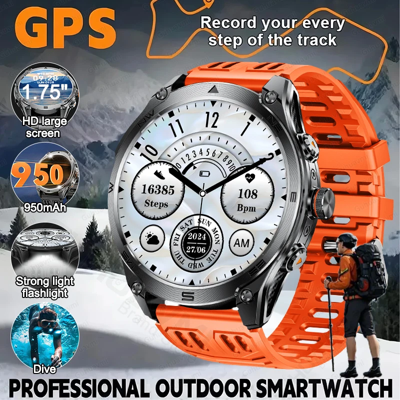 

1.75-inch Built-in GPS Professional Outdoor SmartWatch New 30 Meter Waterproof dive Flashlight Bluetooth Call Smart Watches men