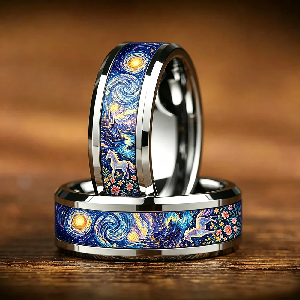 Fantasy Unicorn Castle Pattern Ring Cute Cartoon Stainless Steel Rings For Women Men Wedding Jewelry Valentine's Day Gifts
