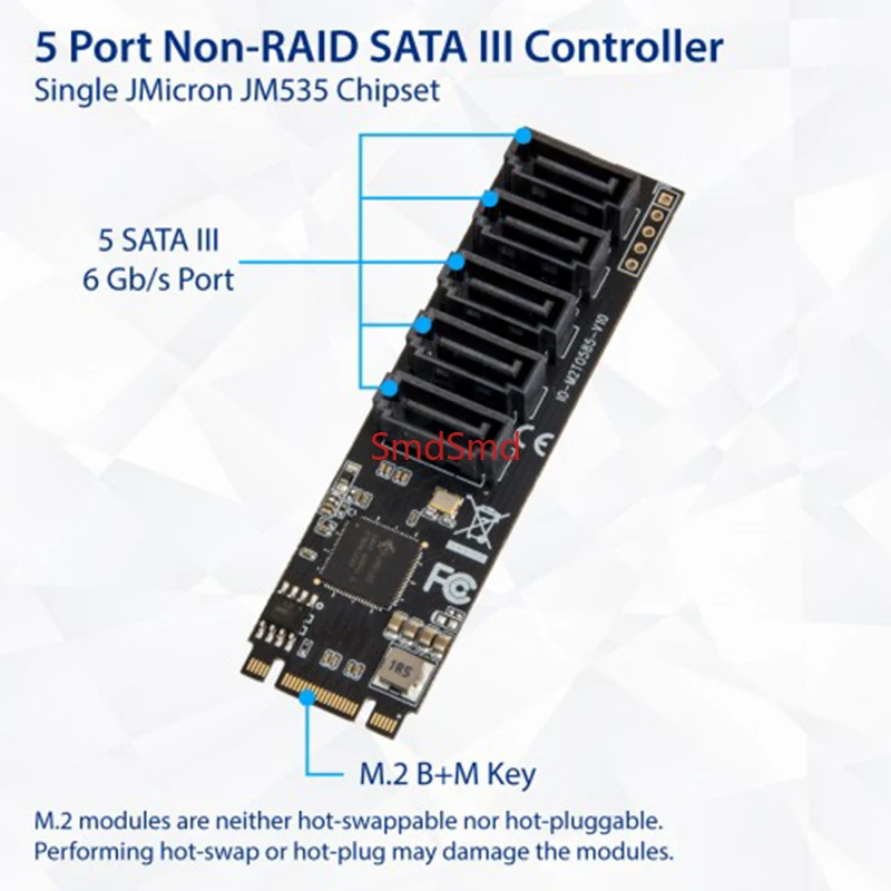 M.2 to 5 Ports SATA III 6G SSD Adapter with SATAIII Cable support UEFI PCIe 3.0 Gen3x2 Non-RAID Jmb 585 chip for B key M key