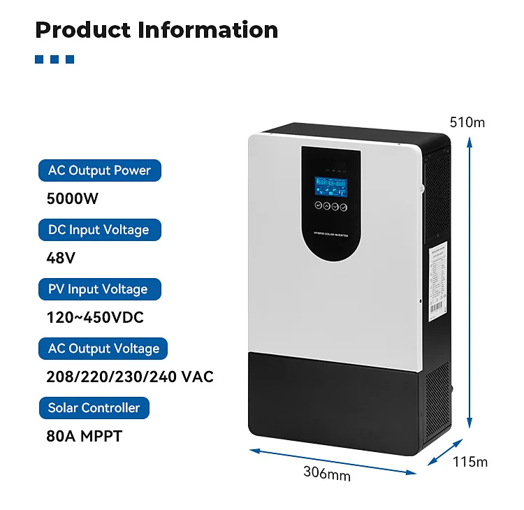 5kW Three Phase Hybrid Solar Inverter 48V DC 80A MPPT 60Hz Pure Sine Wave LCD Output USB Communication 94% Efficiency 24-Month