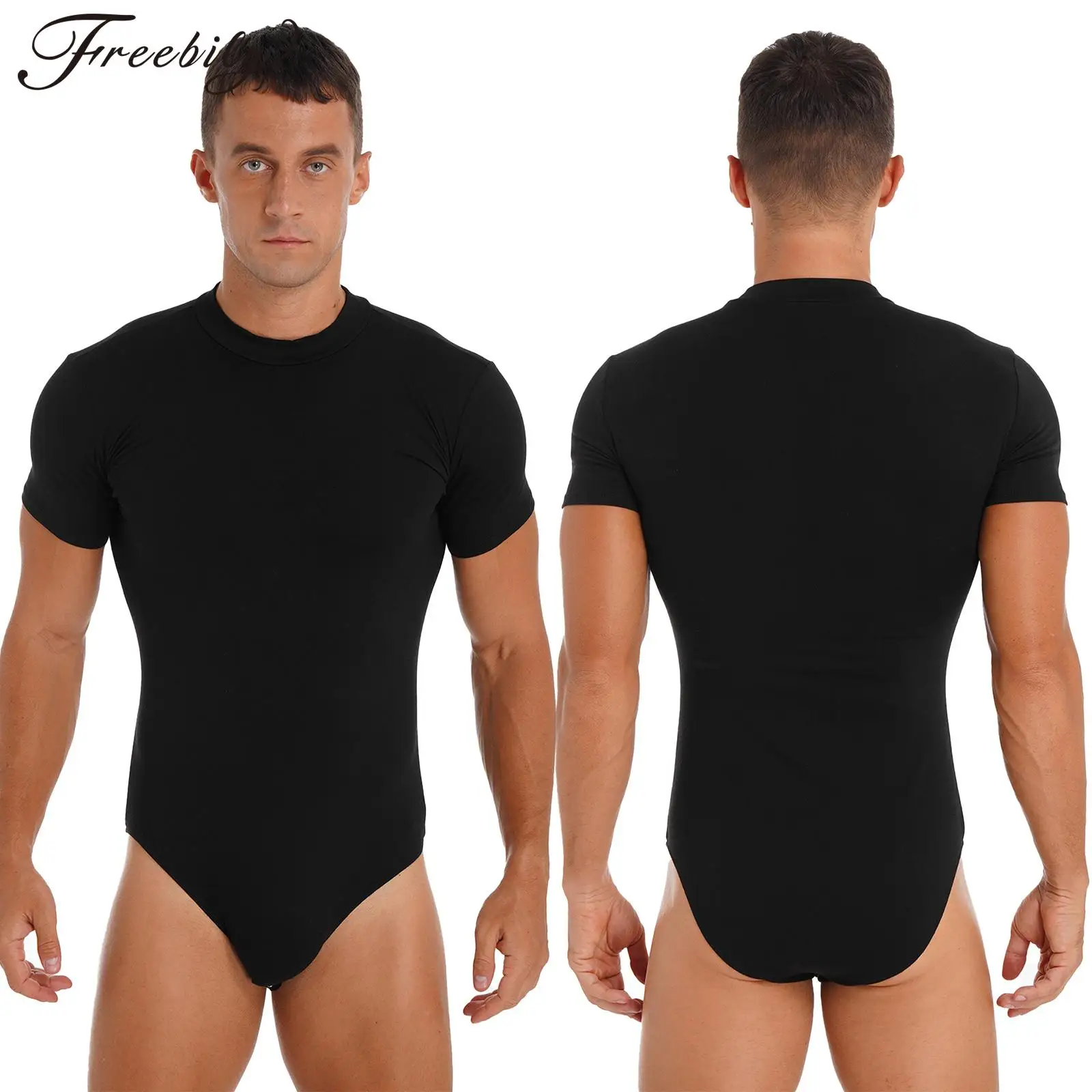 Men Casual Sports Bodysuit Short Sleeve Solid Color Undershirt Leotard Skinny Jumpsuit for Gymnastics Fitness Sleepwear Homewear