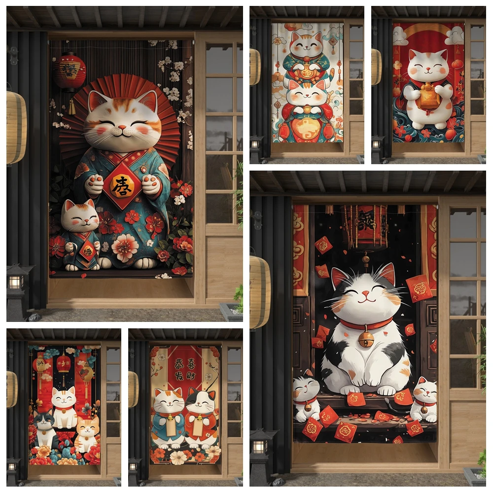 Noren Japanese Door Curtains Lucky Cat Cherry Blossoms for Restaurant Izakaya Decoration Linen Single Piece Hanging Door Curtain