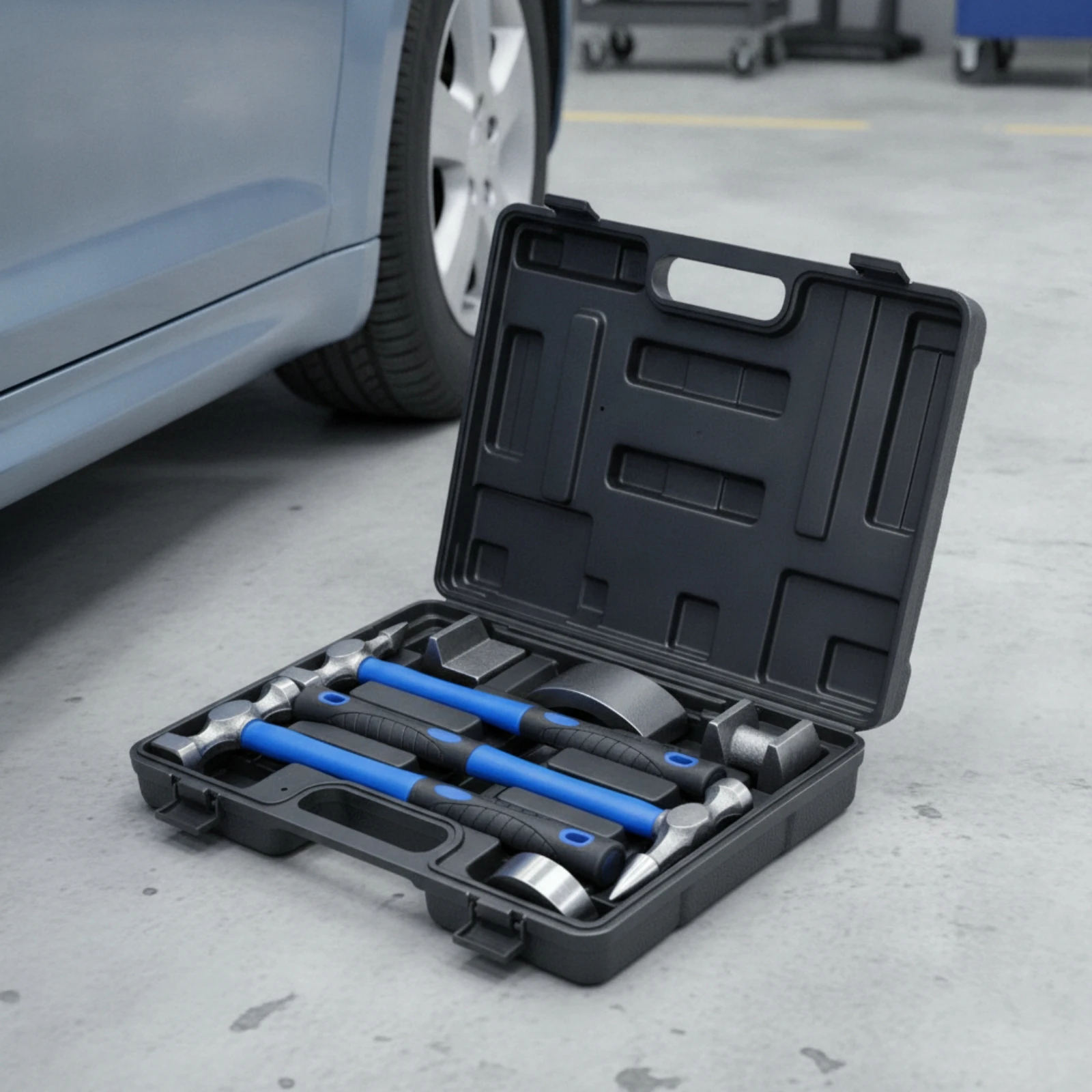 7 Pieces Auto Body Hammer and Dolly Set Textured Grip Auto Body Hammer Set Panel Beating Kit with Case Molded for Mechanics