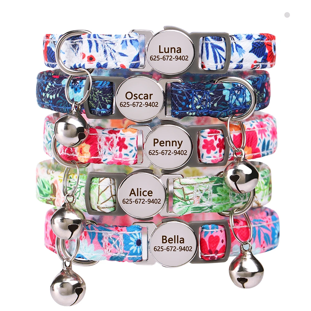 Personalized Puppy Cat Collar Flower Printed Cat Safety Collars Adjustable Kitten Necklace With Free Engraved ID Nameplate Bell