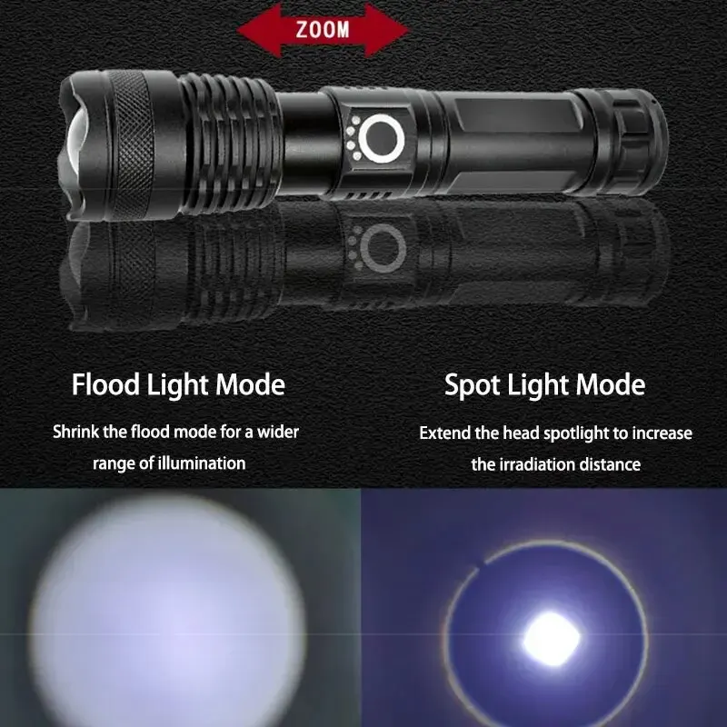 Telescopic Zoom Torch Powerful P50 Lamp Bead LED Flashlight Lantern 5 Lighting Mode USB Rechargeable Camping Emergency Light