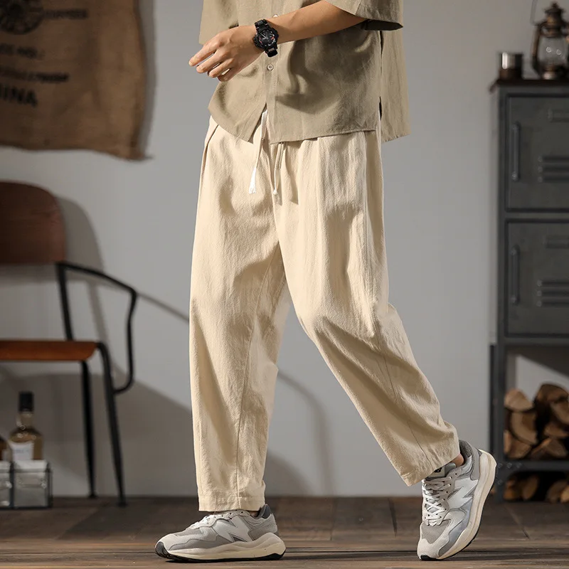 

Japanese cotton and linen pants summer thin cotton straight casual sweatpants boys trendy brand linen wide-leg radish pants