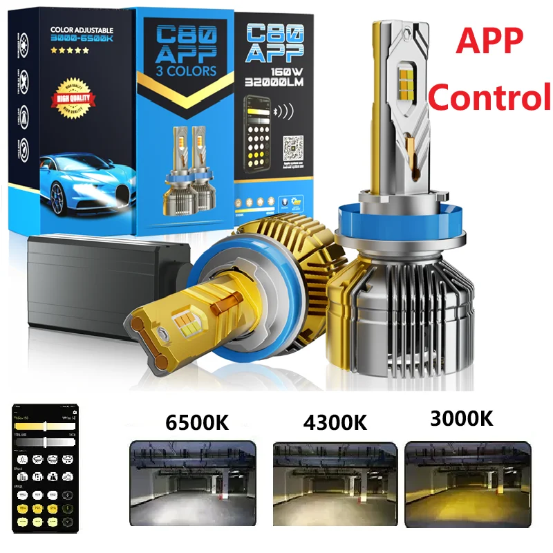 

APP Control H7 Car Headlight Bulbs H4 Turbo Headlight H1 H11 H3 9005 HB3 9006 HB4 LED Car Lights 3000K 4300K 6500K 3 Colors