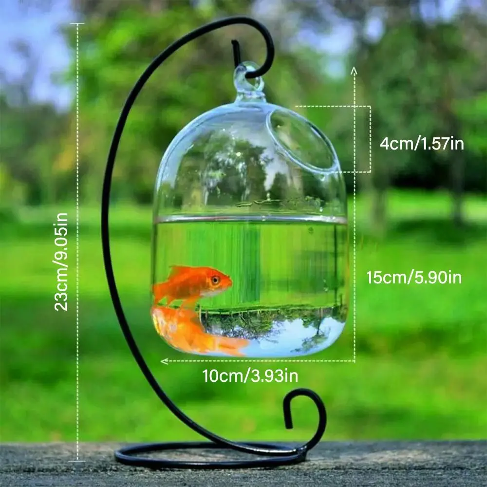 Round/Rectangle Shape Hanging Glass Aquarium Fish Tank Fish Bowl Transparent Vase Ornament With Rack Holder Home Decoration