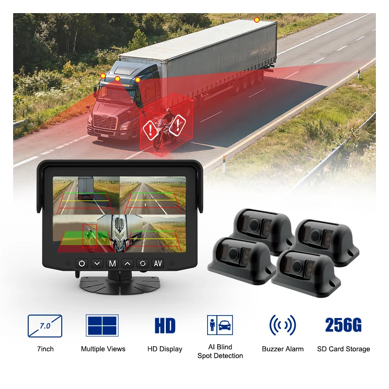 2026 MCY 7inch AI BSD 4CH Backup Blind Spot Human Detection Camera Kit With Sound Alarm Alerts