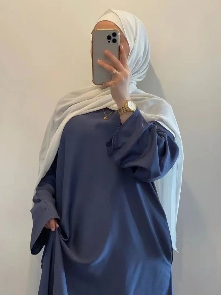 

Satin Closed Abaya Dubai Turkey Flare Sleeve Muslim Hijab Dress Plain Abayas for Women Ramadan Eid Islamic Clothing Kaftan Robe