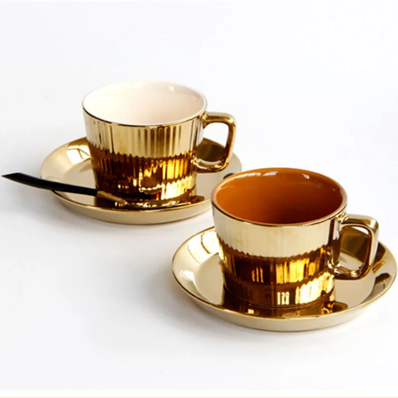 

Eruopean Golden Coffee Cup with saucer Electroplating dinner plate high end hotel club dining utensils kitchen water mug