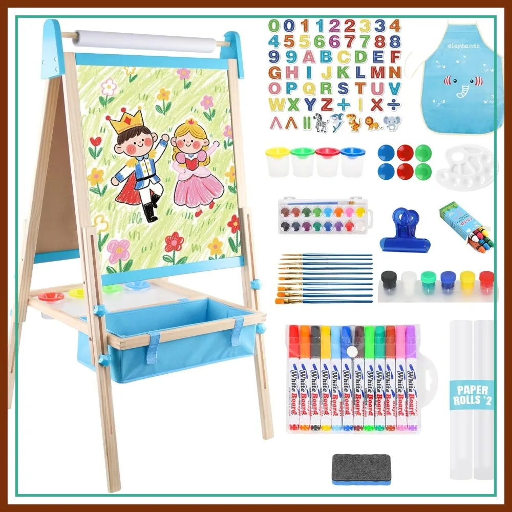 

Adjustable Wooden Easel for Kids, Blackboard & Magnetic Whiteboard with Drawing Paper Roll, Learning Toy for Ages 3-12