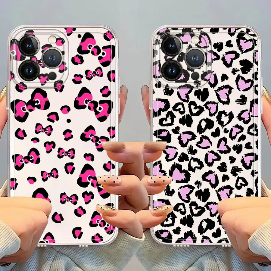 

Case for iPhone 17 Pro Max 14 Plus XR XS Max Air 15 13 Pro 16 7 8 12 Mini 11 Soft Phone Cover Leopard Print Pink Love