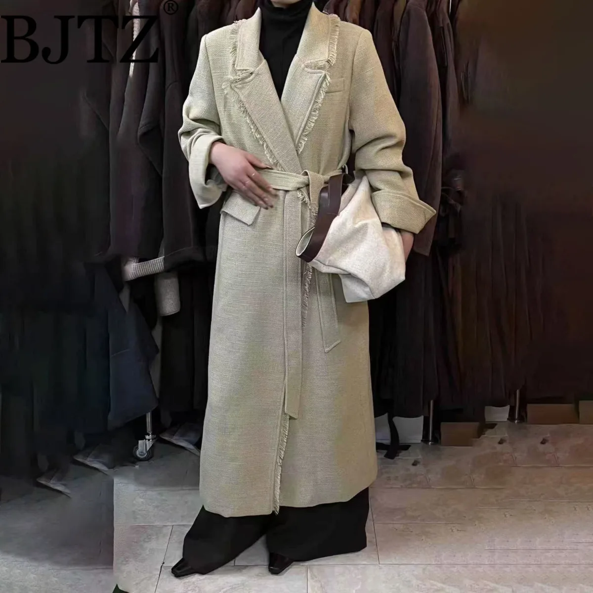 

BJTZ длинный пиджак на шнуровке с завязками на талии для женщин, осень-зима 202, новый модельер, ветровка с заусенцами, темперамент, пальто