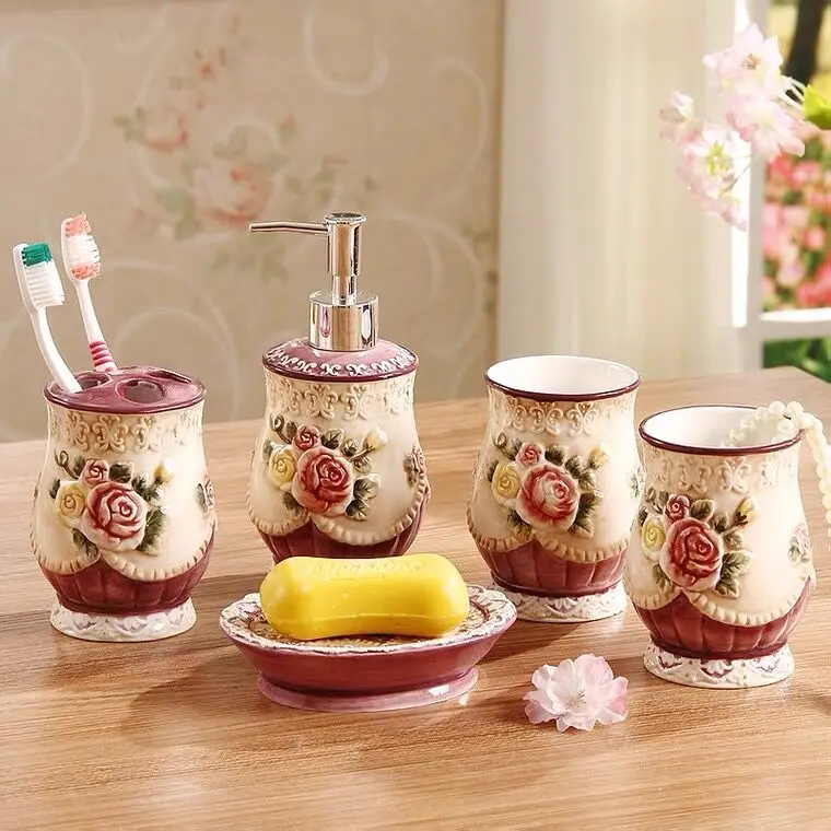 Victoria Embossed Rose Ceramic Bathroom Set of Five Pieces Bathroom Supplies Home Accessories