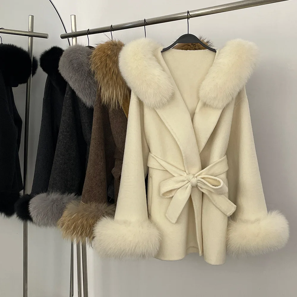 

Новинка 2023 года, женское шерстяное пальто с манжетами из натурального лисьего меха, женский элегантный пояс, тонкая верхняя одежда, высококачественные шерстяные пальто