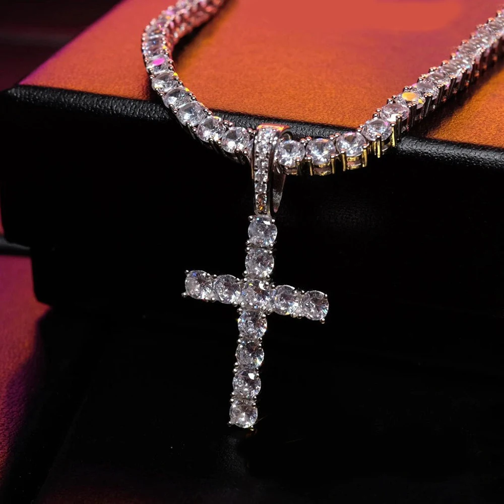 Fashion Simple Bling Cross Jewelry Iced Out Cubic Zirconia Diamond 18k White Gold Plated Cross Pendant Necklace For Men Women