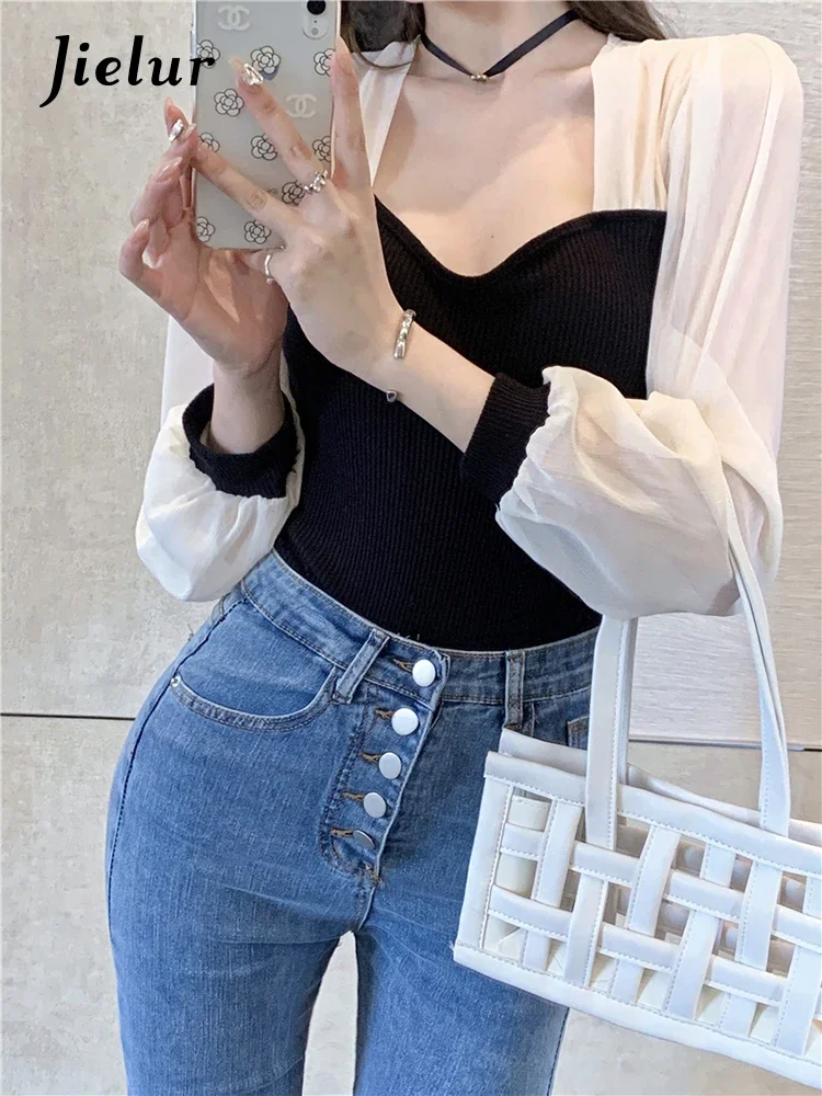 Jielur Square Collar Autumn Winter Shirt Women Lantern Sleeve Slim Sweater Blouse Female Spell Color Fashion Elegant Lady Shirts