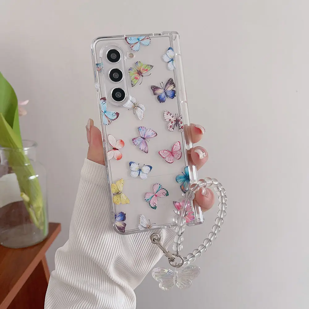 Clear Colorful Butterfly Phone Case For Samsung Galaxy Z Fold 8 7 6 5 Transparent Hard Cover Lanyard Shockproof Protective Shell