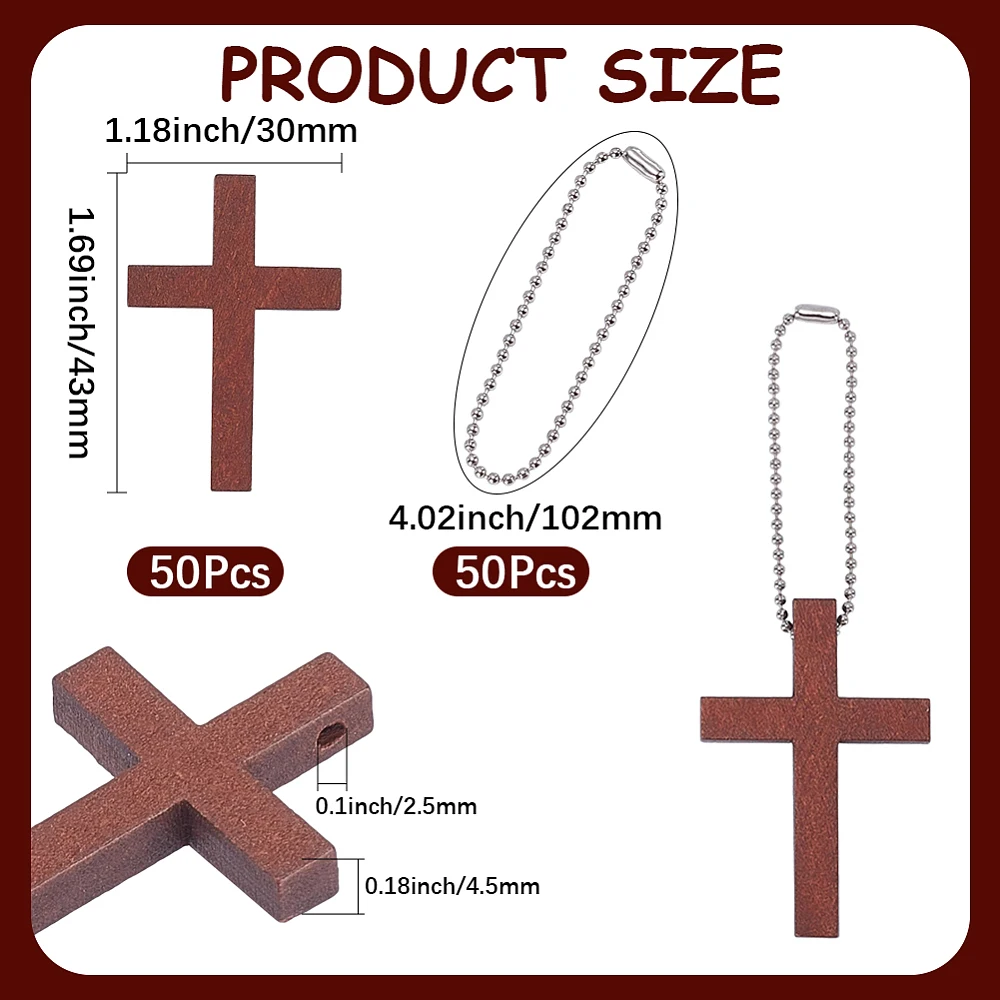 1 Box 50Pcs Wooden Pocket Cross Charms Mini Wood Crosses Bulk with 50Pcs Ball Chains Spiritual Bible Verse Gift Wooden Pendant