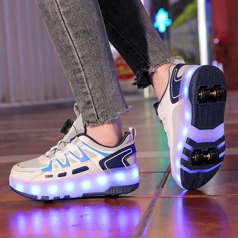 One-Click Retractable LED Light Skate Sneakers, Breathable Roller Shoes for Kids, Teens, Boys & Girls