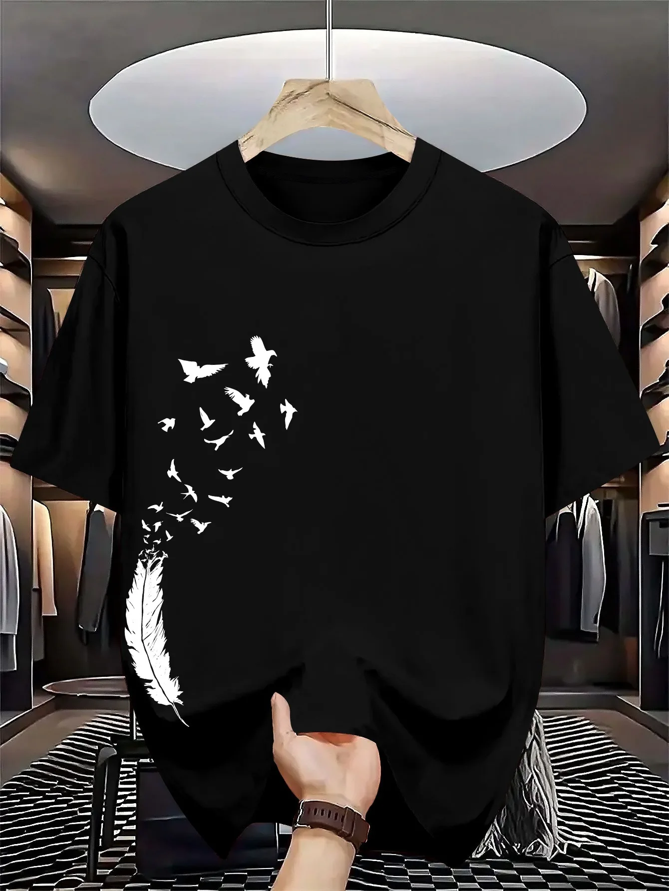 Men's 100% Pure Cotton Summer Casual Loose Fashion Bird Creative Pattern Printed Round Neck T-shirt Versatile Top