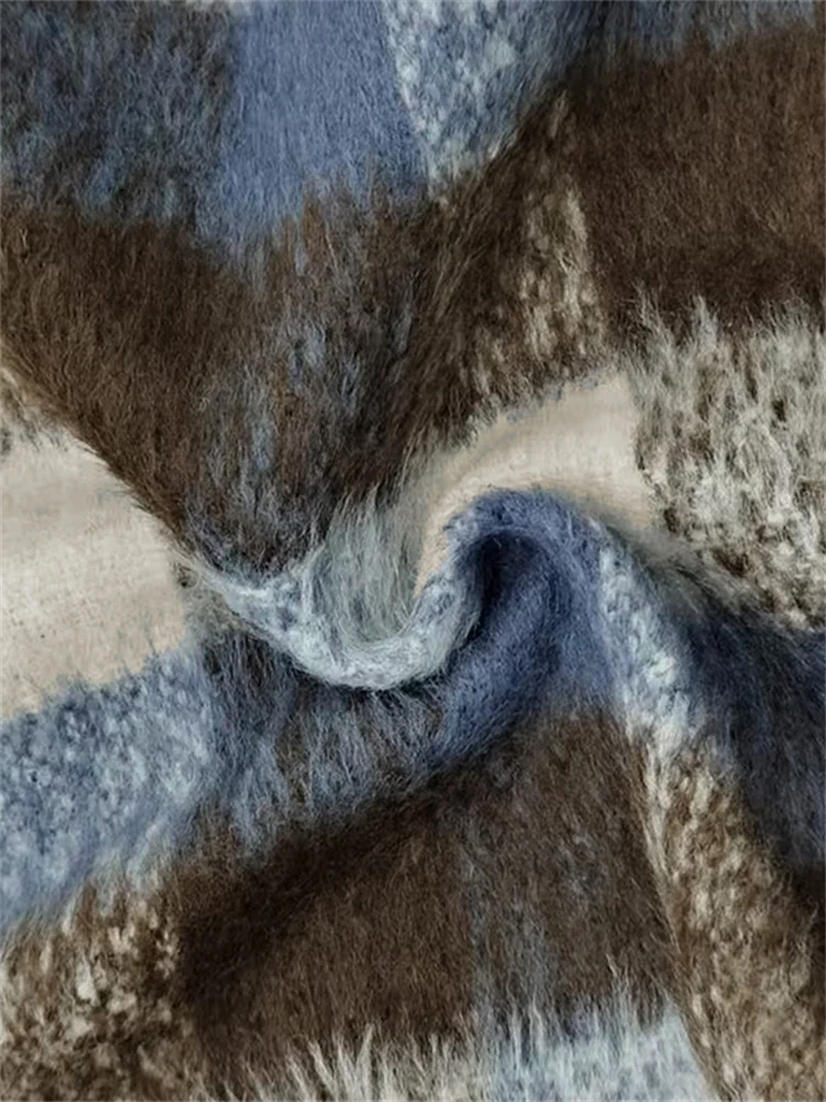 Women's Vintage Plaid Double Breasted Jackets Spring Autumn Long Puff Sleeves O-Neck Elegant Casual Outerwear Coats