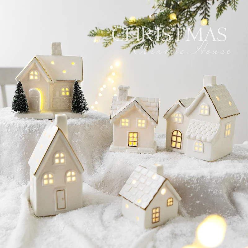 1 peça de enfeite de Natal em cerâmica com luz LED, casa de neve, decoração para árvore de Natal, centro de mesa, cenário de festa, presente.