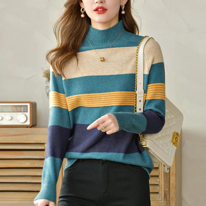 Autumn Winter Half High Collar Striped Patchwork Sweaters Ladies Loose Casual All-match Bottoming Pullover Tops Women\'s Jumpers