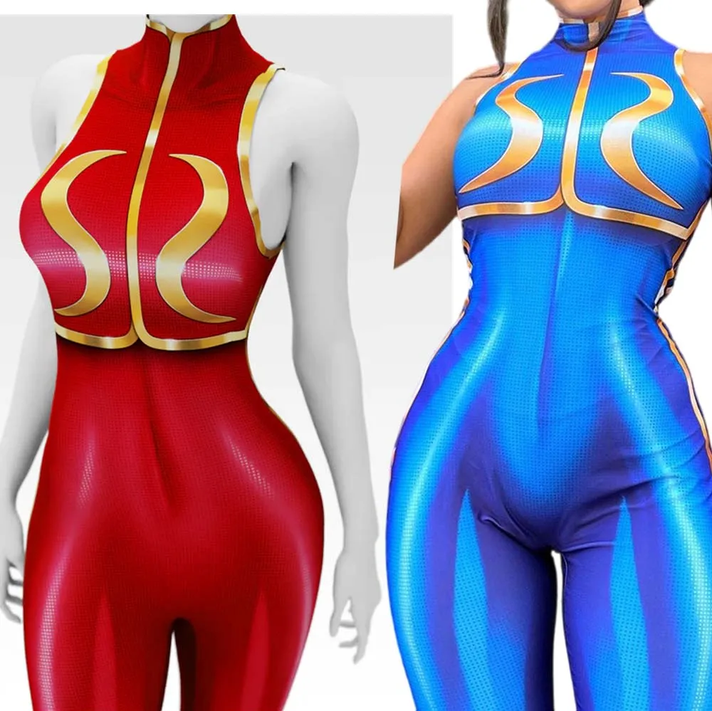 

Halloween Woman Red Chun-Li Game Superhero Cosplay Costume Bodysuit Zentai Suit Adult Jumpsuit