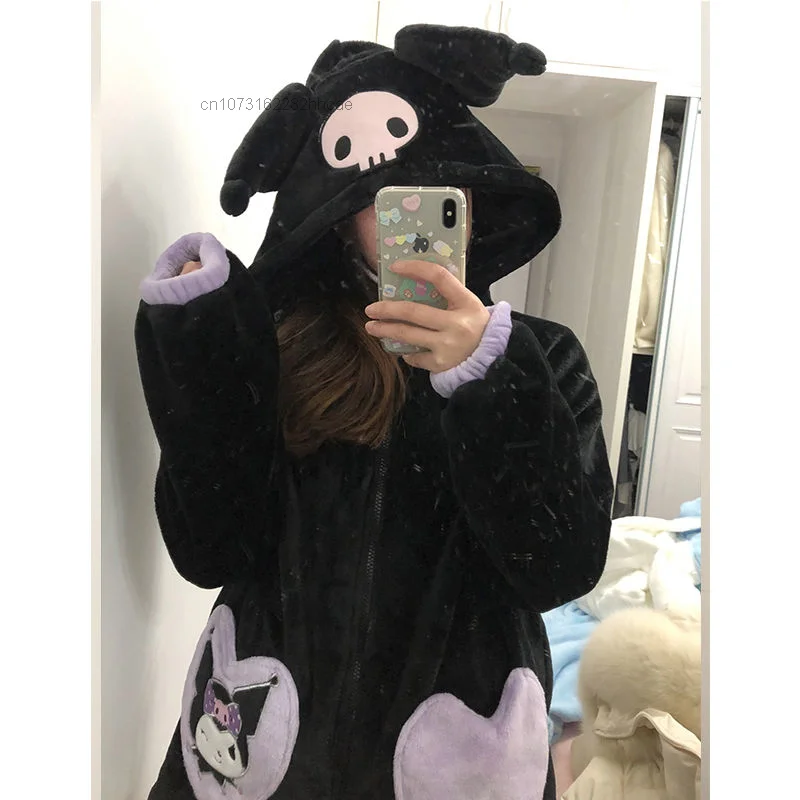 Sanrio Cute Kuromi Plush Hooded Coral Plush Pajamas Set 90s Aesthetic Thickened Warm Home Fur Pijama Set Korean 2000s Sleepwear