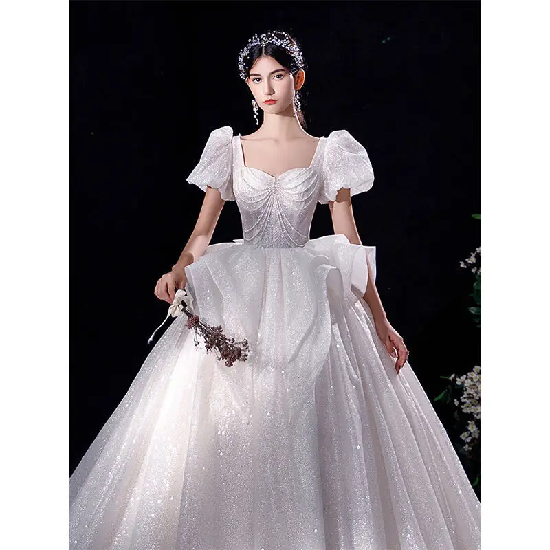 Abito da sposa a sirena di lusso donna paillettes scintillanti perline pizzo scollo a V maniche gonfie abito da sposa Robe De Mariée lungo Vestido