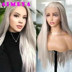 AIMEYA Ash Blonde Peruka dla kobiet mody Długa, jedwabiście prosta syntetyczna koronka przodu Peruka Naturalna linia włosów Syntetyczna koronkowa peruka Codziennie