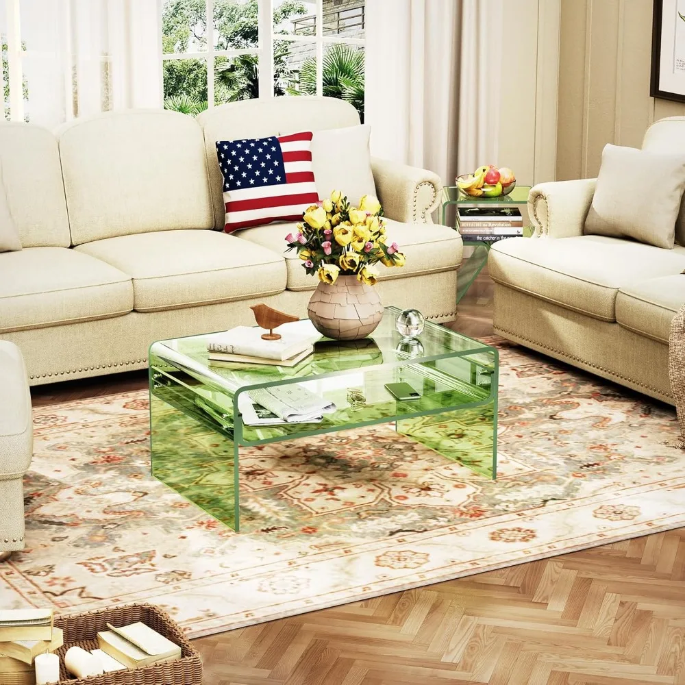 Acrylic Coffee Table Living Room Clear Rectangle Lucite Table with Open Storage Shelf Suitable contemporary home decor styles